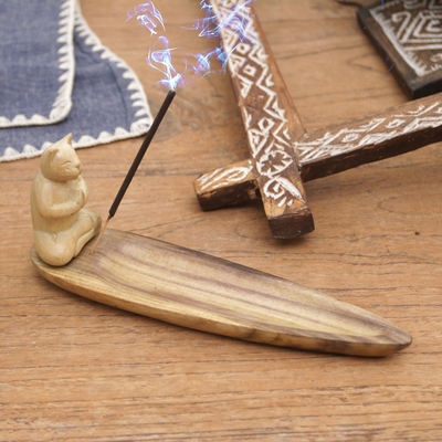 Wood incense holder, 'Feline Prayer' - Hand-Carved Wood Cat Incense Holder from Bali
