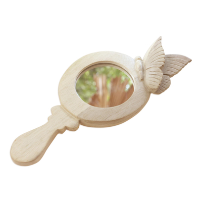 Wood hand mirror, 'Butterfly Self' - Hibiscus Wood Hand Mirror with Hand-Carved Butterfly