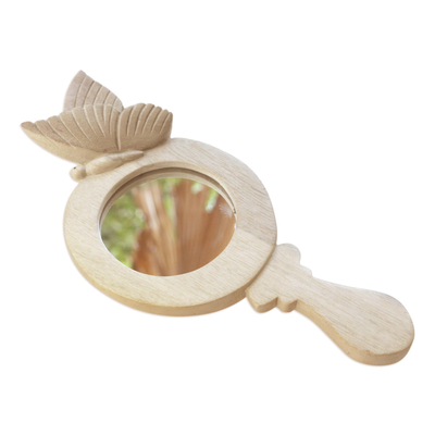 Wood hand mirror, 'Butterfly Self' - Hibiscus Wood Hand Mirror with Hand-Carved Butterfly