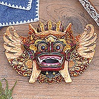 Wood mask, 'The Guardian Barong' - Hand-Carved Wood Sculpture with Traditional Balinese Motifs