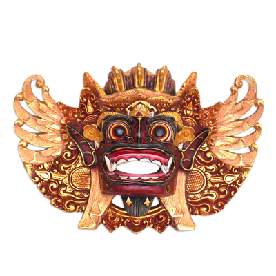 Wood mask, 'The Guardian Barong' - Hand-Carved Wood Sculpture with Traditional Balinese Motifs