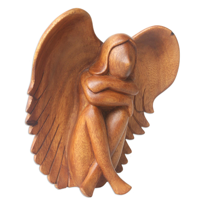 Escultura de madera - Escultura de ángel en madera de suar marrón tallada a mano en Bali