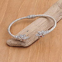 Garnet cuff bracelet, 'Twin Starfish in Red' - Handmade Garnet Cuff Bracelet with Balinese Artisan Silver