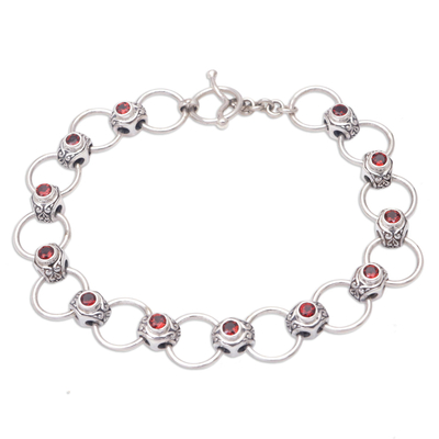 Garnet link bracelet, 'Embrace in Red' - Balinese Artisan Crafted Silver and Garnet Link Bracelet