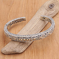 Gold-accented sterling silver cuff bracelet, 'Golden Seedling' - Handmade Cuff Bracelet with Gold Plate Accents from Bali
