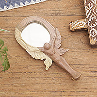 Wood hand mirror, 'Angel Reflection'