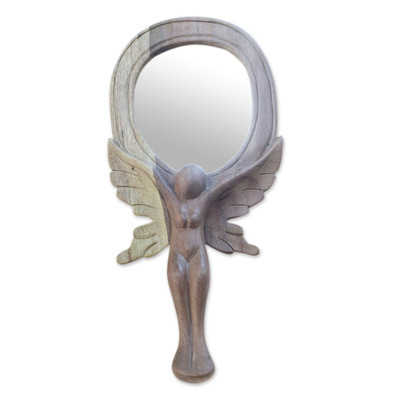 Wood hand mirror, 'Angel Reflection' - Hibiscus Wood Hand Mirror with Hand-Carved Angel