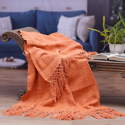 Cotton throw, 'Melon Charm' - Melon Cotton Throw with Fringes Handmade in Bali
