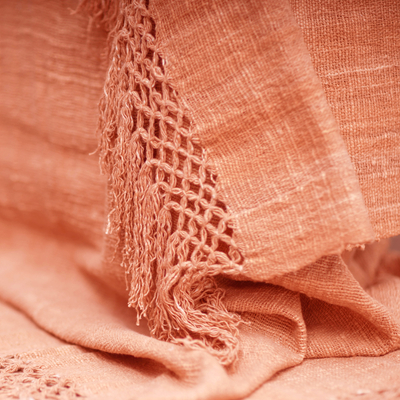 Cotton throw, 'Melon Charm' - Melon Cotton Throw with Fringes Handmade in Bali
