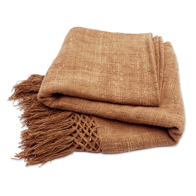 Manta de algodón - Manta de algodón marrón con flecos hecha a mano en Bali