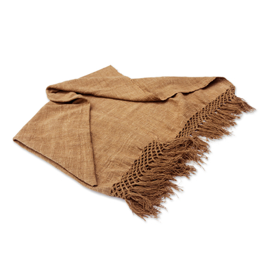 Cotton throw, 'Warm Brown' - Brown Cotton Throw with Fringes Handmade in Bali