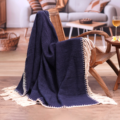 Cotton throw, 'Cozy Midnight' - Blue Cotton Throw with Fringes Handmade in Bali