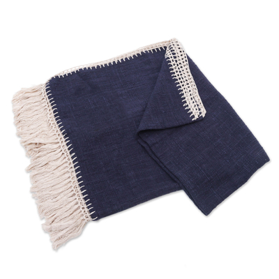 Cotton throw, 'Cozy Midnight' - Blue Cotton Throw with Fringes Handmade in Bali
