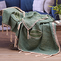 Cotton throw, 'Green Majesty' - Green Cotton Throw with Fringes Handmade in Bali