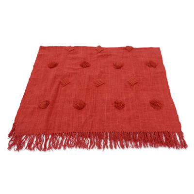 Cotton throw, 'Luxurious Strawberry' - Strawberry Cotton Throw with Pompoms Handmade in Bali