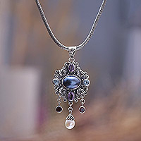 Multi-gemstone pendant necklace, 'Balinese Blooms' - Balinese Multi-Gemstone Sterling Silver Pendant Necklace
