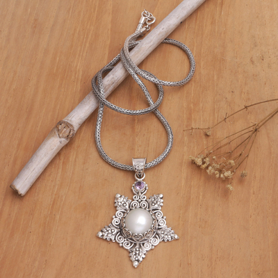 Cultured pearl and amethyst pendant necklace, 'Pearly Bali Star' - Balinese Cultured Pearl and Amethyst Pendant Necklace