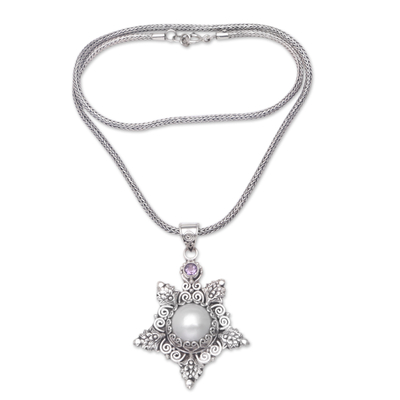 Cultured pearl and amethyst pendant necklace, 'Pearly Bali Star' - Balinese Cultured Pearl and Amethyst Pendant Necklace