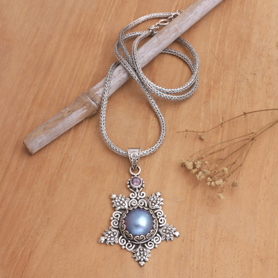 Cultured pearl and amethyst pendant necklace, 'Blue Pearly Bali Star' - Balinese Blue Cultured Pearl and Amethyst Pendant Necklace