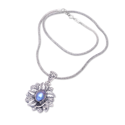 Cultured pearl pendant necklace, 'Blue Nature of Bali' - Blue Cultured Pearl Pendant Necklace from Bali