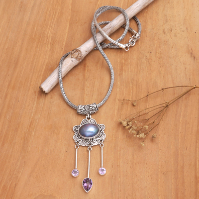 Cultured pearl and amethyst pendant necklace, 'Fairy Wands' - Cultured Pearl and Amethyst Pendant Necklace from Bali