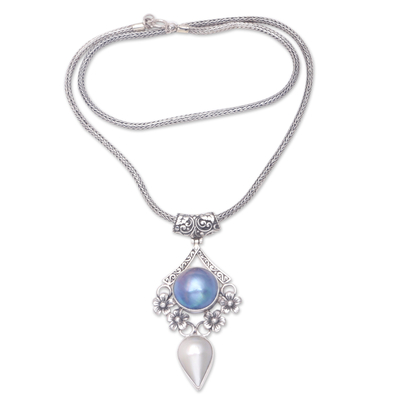 Cultured pearl pendant necklace, 'Batur Garden' - Sterling Silver Pendant Necklace with Cultured Pearls