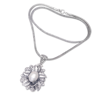 Cultured pearl pendant necklace, 'Pearly Nature of Bali' - Floral Cultured Pearl Pendant Necklace from Bali