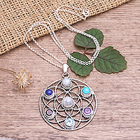 Multi-gemstone pendant necklace, 'Seven Energies' - Multi-Gemstone Sterling Silver Pendant Necklace from Bali
