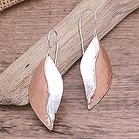 Rose gold accented sterling silver drop earrings, 'Rose Autumn Leaves' - Leaf-Shaped Drop Earrings with Rose Gold Accents