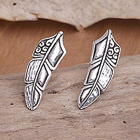 Sterling silver ear climber earrings, 'Bali Feathers'