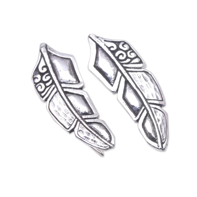 Sterling silver ear climber earrings, 'Bali Feathers' - Feather Ear Climber Earrings Made from Sterling Silver