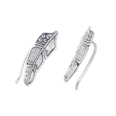 Sterling silver ear climber earrings, 'Bali Feathers' - Feather Ear Climber Earrings Made from Sterling Silver
