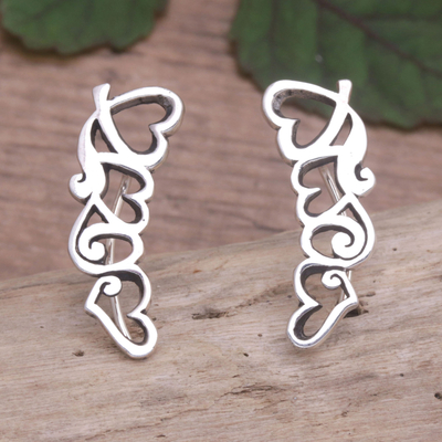 Sterling silver ear climber earrings, 'Climbing Hearts' - Heart Ear Climber Earrings Made from Sterling Silver