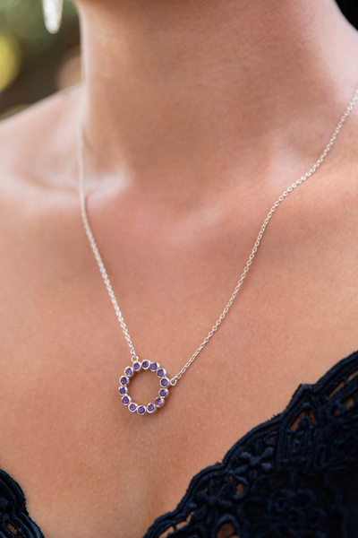 Amethyst pendant necklace, 'Amethyst Flourish' - Sterling Silver and Amethyst Pendant Necklace from Bali