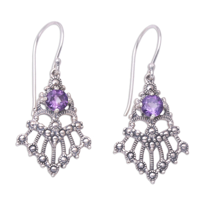 Amethyst dangle earrings, 'Purple Kwangen' - Balinese Sterling Silver and Amethyst Dangle Earrings