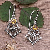 Citrine dangle earrings, 'Yellow Kwangen' - Balinese Sterling Silver and Citrine Dangle Earrings