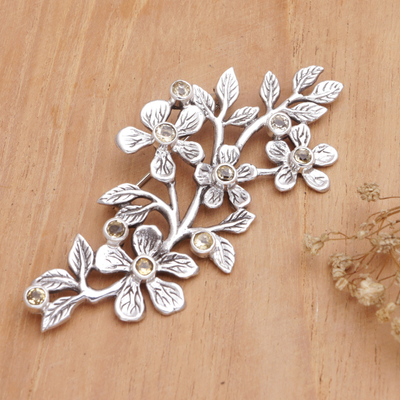 Citrine brooch, 'Blooms in Winter' - Sterling Silver Brooch with Citrine Stones and Floral Motifs