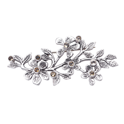 Citrine brooch, 'Blooms in Winter' - Sterling Silver Brooch with Citrine Stones and Floral Motifs