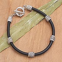 Sterling silver beaded bracelet, 'Charming Elegance' - Balinese Black Cord Bracelet with Sterling Silver Beads