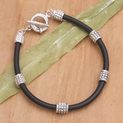 Sterling silver beaded bracelet, 'Charming Elegance' - Balinese Black Cord Bracelet with Sterling Silver Beads