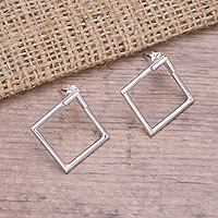 Sterling silver drop earrings, 'Simply Square' - Handcrafted 925 Sterling Silver Drop Earrings from Bali