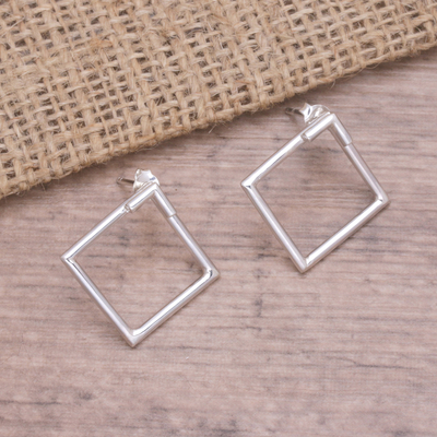 Sterling silver drop earrings, 'Simply Square' - Handcrafted 925 Sterling Silver Drop Earrings from Bali