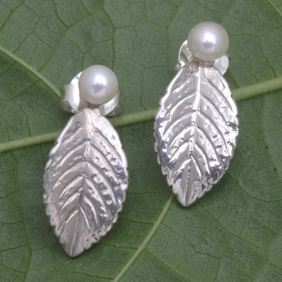 Cultured pearl drop earrings, 'Leaf in Clarity' - Sterling Silver and Cultured Pearl Drop Earrings from Bali