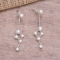 Cultured pearl dangle earrings, 'Geometric Journey' - Balinese Sterling Silver and Cultured Pearl Dangle Earrings