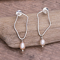 Cultured pearl dangle earrings, 'Pearly Revolution' - Sterling Silver and Cultured Pearl Dangle Earrings from Bali