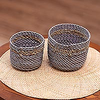 Natural fiber nesting baskets, 'Line Lane' (pair) - 2 Nesting Baskets Handmade with Natural Fibers in Indonesia