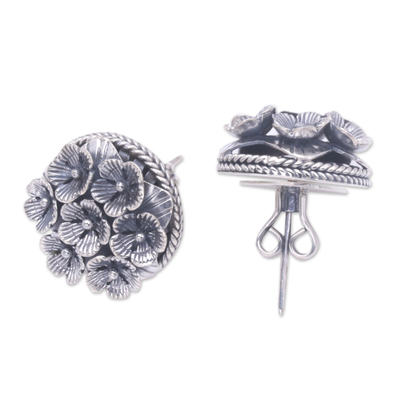 Sterling silver button earrings, 'Flowers for Canang' - Balinese Sterling Silver Button Earrings with Floral Details