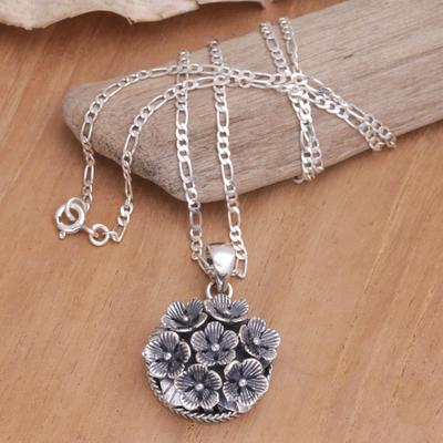 Sterling silver pendant necklace, 'Flowers for Canang' - Balinese Sterling Silver Pendant Necklace with Floral Motifs