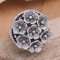 Sterling silver cocktail ring, 'Flowers for Canang' - Balinese Sterling Silver Cocktail Ring with Floral Details