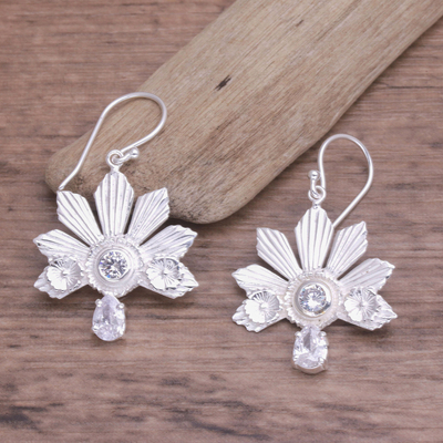Cubic zirconia dangle earrings, 'Balinese Kepetan' - Sterling Silver and Cubic Zirconia Balinese Dangle Earrings